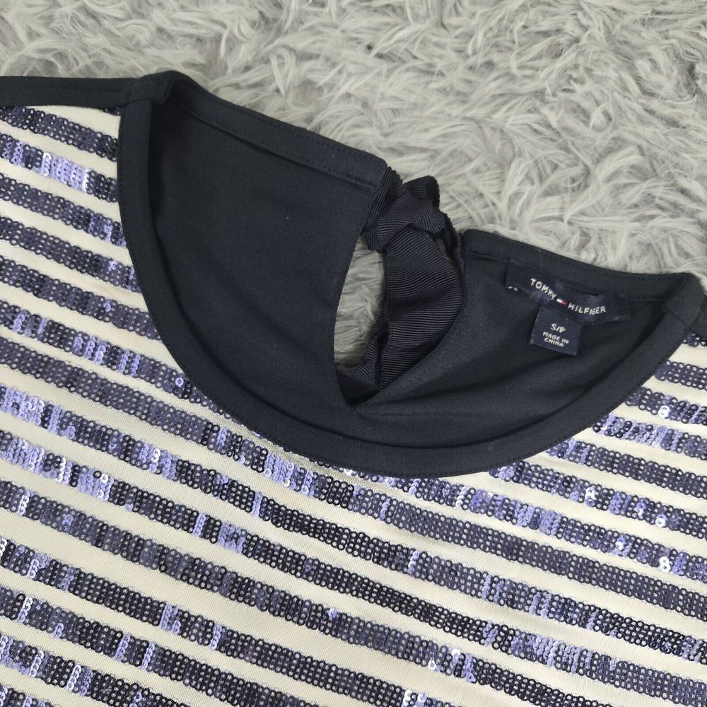 Tommy Hilfiger Womens Small Navy Blue Sequined Striped S/S Round Neck Shirt